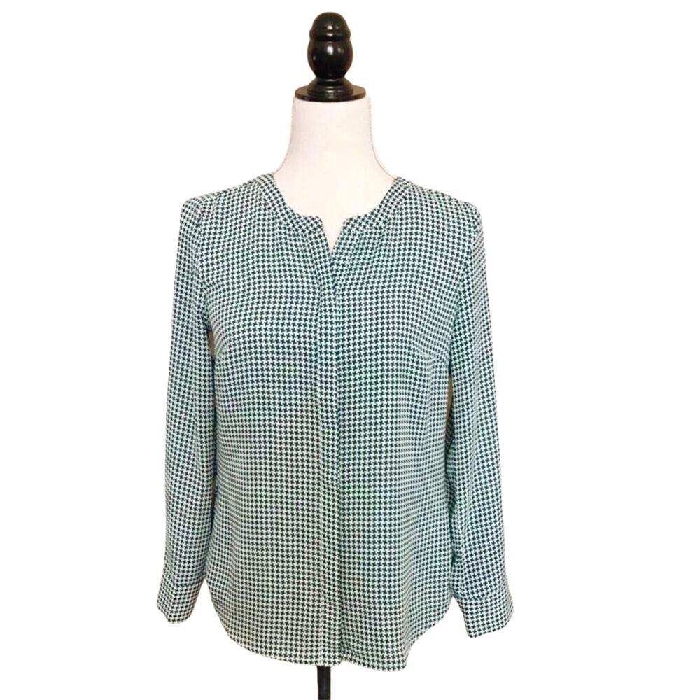 Talbots Houndstooth Green & White Blouse Button Up PS